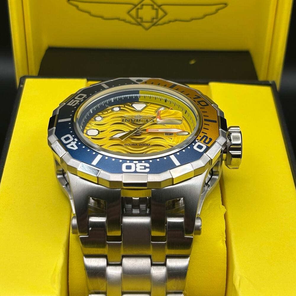 Invicta 47844 Pro Diver Wave Scuba Yellow Dial Blue Bezel Steel Alum Men's Watch - Picture 14 of 16